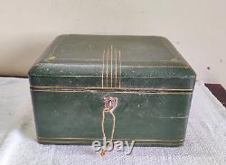 1920 Vintage Royal Green 5 Compartment Mirror Jewelry Box Original Key Rare V263