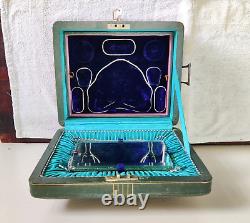 1920 Vintage Royal Green 5 Compartment Mirror Jewelry Box Original Key Rare V263