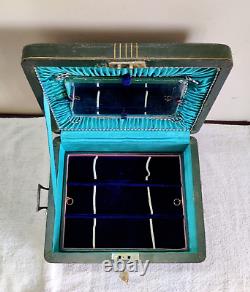 1920 Vintage Royal Green 5 Compartment Mirror Jewelry Box Original Key Rare V263