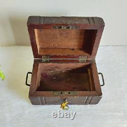 1920s Vintage Handmade Brass Artwork Money Chest Treasure Box Wooden Box W783