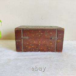 1920s Vintage Handmade Brass Artwork Money Chest Treasure Box Wooden Box W783