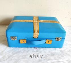 1940s Vintage Beautiful Blue Cosmetic Mirror Make Up Accessories Box V246