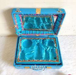 1940s Vintage Beautiful Blue Cosmetic Mirror Make Up Accessories Box V246
