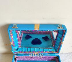 1940s Vintage Beautiful Blue Cosmetic Mirror Make Up Accessories Box V246