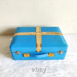 1940s Vintage Beautiful Blue Cosmetic Mirror Make Up Accessories Box V246