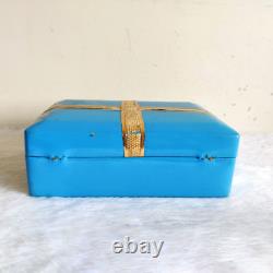 1940s Vintage Beautiful Blue Cosmetic Mirror Make Up Accessories Box V246