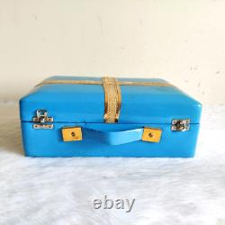 1940s Vintage Beautiful Blue Cosmetic Mirror Make Up Accessories Box V246