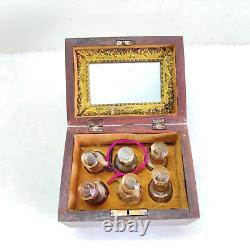 19c Vintage Beautiful Brass Handwork Wooden Box Perfume 6 Glass Bottle Old W648
