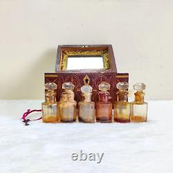 19c Vintage Beautiful Brass Handwork Wooden Box Perfume 6 Glass Bottle Old W648