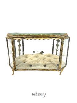 19th C Antique French Louis XVI Ormolu Beveled Glass Jewelry Casket Vitrine Box