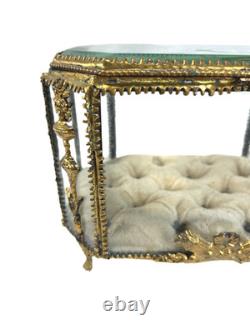 19th C Antique French Louis XVI Ormolu Beveled Glass Jewelry Casket Vitrine Box
