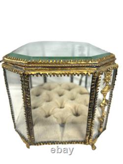 19th C Antique French Louis XVI Ormolu Beveled Glass Jewelry Casket Vitrine Box