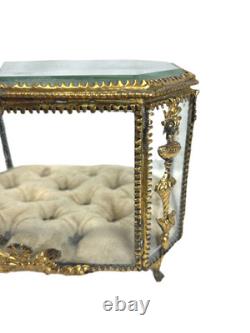 19th C Antique French Louis XVI Ormolu Beveled Glass Jewelry Casket Vitrine Box