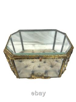 19th C Antique French Louis XVI Ormolu Beveled Glass Jewelry Casket Vitrine Box