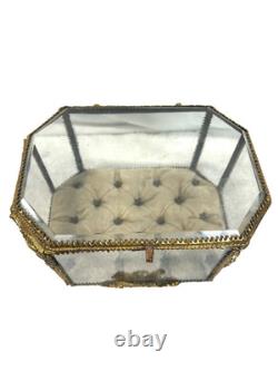 19th C Antique French Louis XVI Ormolu Beveled Glass Jewelry Casket Vitrine Box