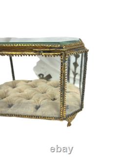 19th C Antique French Louis XVI Ormolu Beveled Glass Jewelry Casket Vitrine Box