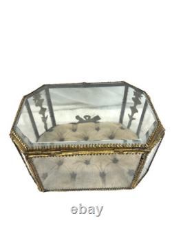 19th C Antique French Louis XVI Ormolu Beveled Glass Jewelry Casket Vitrine Box