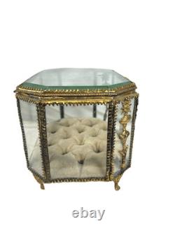 19th C Antique French Louis XVI Ormolu Beveled Glass Jewelry Casket Vitrine Box