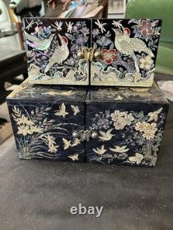 2 Lot Vintage Mother of Pearl Wooden Lacquer Box Korean Jewelry Box Fold Birds