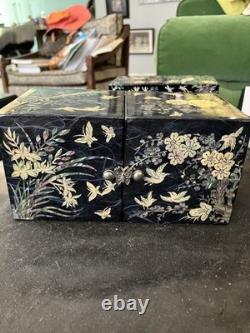 2 Lot Vintage Mother of Pearl Wooden Lacquer Box Korean Jewelry Box Fold Birds