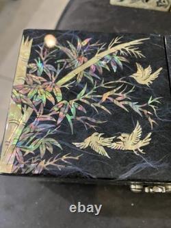 2 Lot Vintage Mother of Pearl Wooden Lacquer Box Korean Jewelry Box Fold Birds