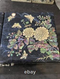 2 Lot Vintage Mother of Pearl Wooden Lacquer Box Korean Jewelry Box Fold Birds