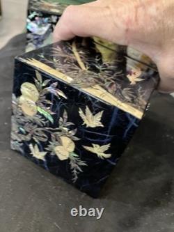2 Lot Vintage Mother of Pearl Wooden Lacquer Box Korean Jewelry Box Fold Birds