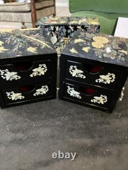 2 Lot Vintage Mother of Pearl Wooden Lacquer Box Korean Jewelry Box Fold Birds