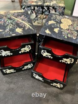 2 Lot Vintage Mother of Pearl Wooden Lacquer Box Korean Jewelry Box Fold Birds