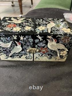 2 Lot Vintage Mother of Pearl Wooden Lacquer Box Korean Jewelry Box Fold Birds