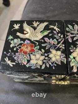 2 Lot Vintage Mother of Pearl Wooden Lacquer Box Korean Jewelry Box Fold Birds
