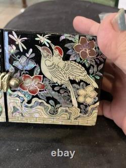 2 Lot Vintage Mother of Pearl Wooden Lacquer Box Korean Jewelry Box Fold Birds