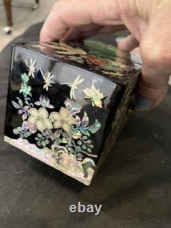 2 Lot Vintage Mother of Pearl Wooden Lacquer Box Korean Jewelry Box Fold Birds