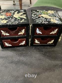 2 Lot Vintage Mother of Pearl Wooden Lacquer Box Korean Jewelry Box Fold Birds