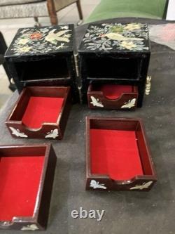2 Lot Vintage Mother of Pearl Wooden Lacquer Box Korean Jewelry Box Fold Birds