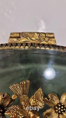 24k Gold Plated Vintage Matson Filigree Bird Flower Glass Jewelry Hinged Box