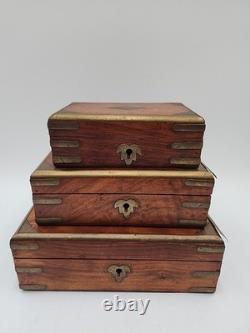 3 stacking Vintage Wood Brass Storage Box Old Hand Crafted storage