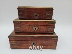 3 stacking Vintage Wood Brass Storage Box Old Hand Crafted storage
