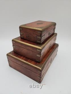 3 stacking Vintage Wood Brass Storage Box Old Hand Crafted storage