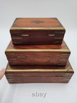 3 stacking Vintage Wood Brass Storage Box Old Hand Crafted storage