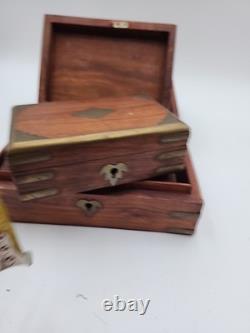 3 stacking Vintage Wood Brass Storage Box Old Hand Crafted storage