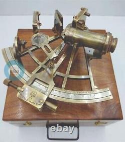 9 Vintage Solid Antique Brass Nautical Functional Sextant with Wooden Box