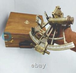 9 Vintage Solid Antique Brass Nautical Functional Sextant with Wooden Box