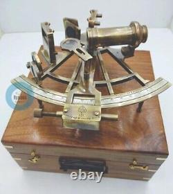 9 Vintage Solid Antique Brass Nautical Functional Sextant with Wooden Box