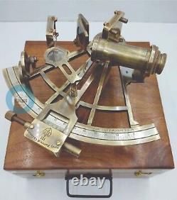 9 Vintage Solid Antique Brass Nautical Functional Sextant with Wooden Box