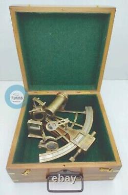 9 Vintage Solid Antique Brass Nautical Functional Sextant with Wooden Box