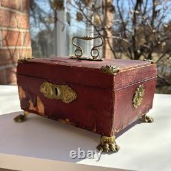 Antique 1820s English Luxury Regency Distressed sewing Box Red Scarce As Is
