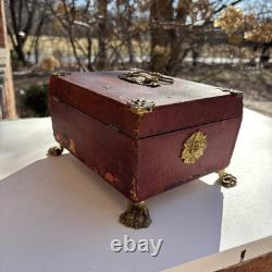 Antique 1820s English Luxury Regency Distressed sewing Box Red Scarce As Is