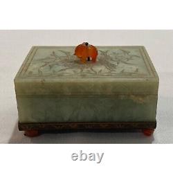 Antique 1920s Jadeite Carved Trinket Box With Floral Motif & Cornelian Accents