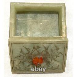 Antique 1920s Jadeite Carved Trinket Box With Floral Motif & Cornelian Accents